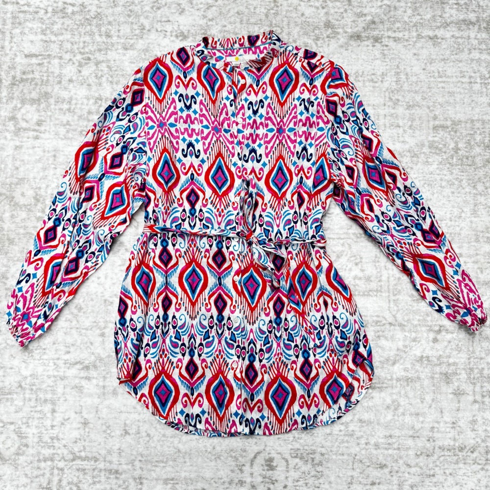 Boden Linen Ikat Tunic Shirt Womens 2P Multi-Color Long Sleeve Belted